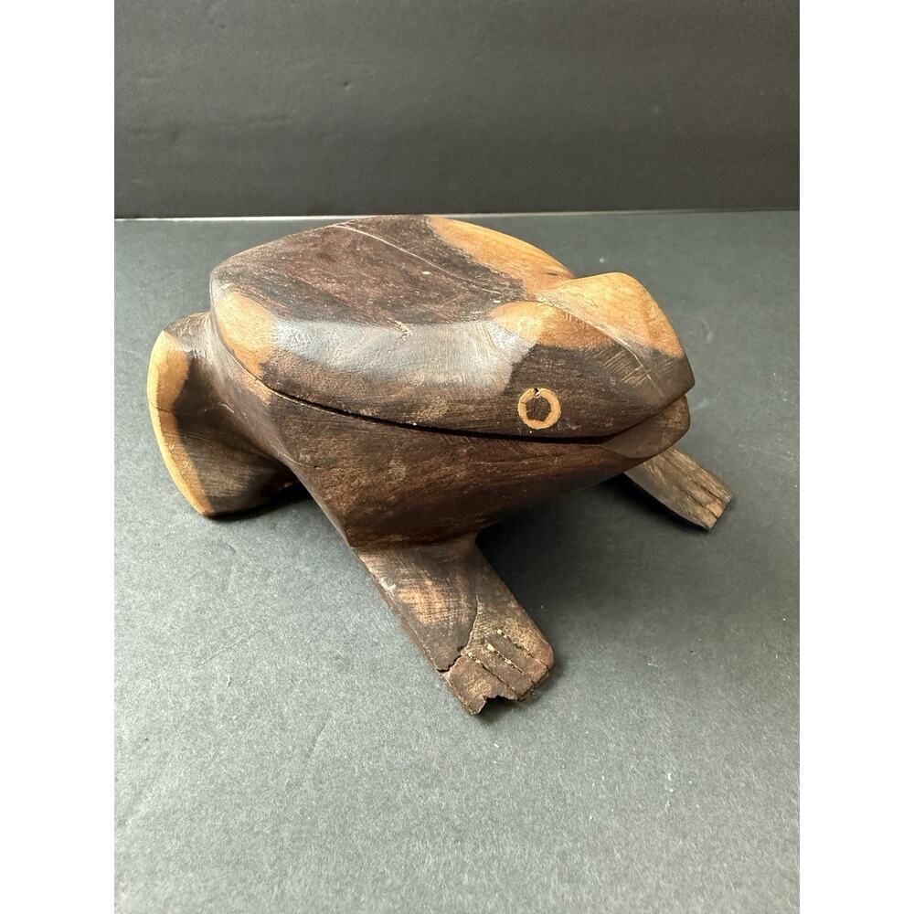Handcarved Wooden Frog Trinket Box Stash Box Handcrafted Boho Artisan Whimsy MCM